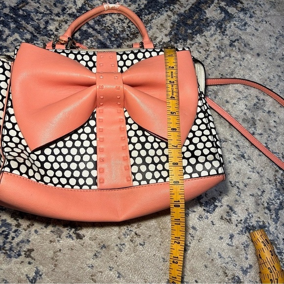 Betsey Johnson Curtsy Black & White Polka Dot Coral Bow Satchel - Picture 13 of 13